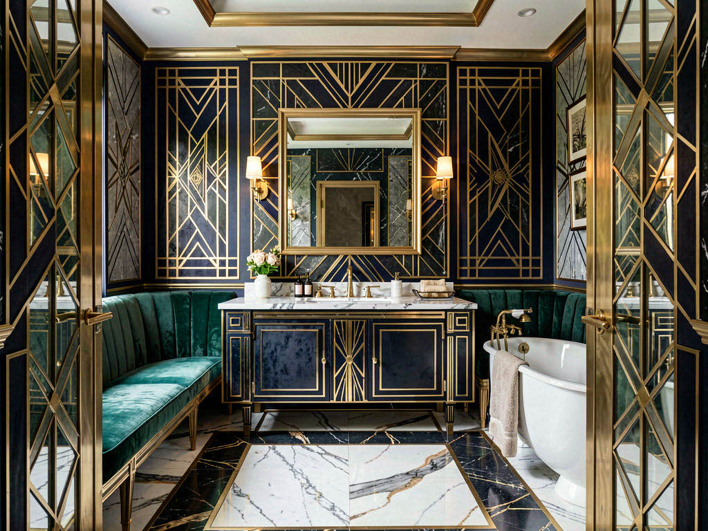 Art Deco Bathroom with floating double vanity