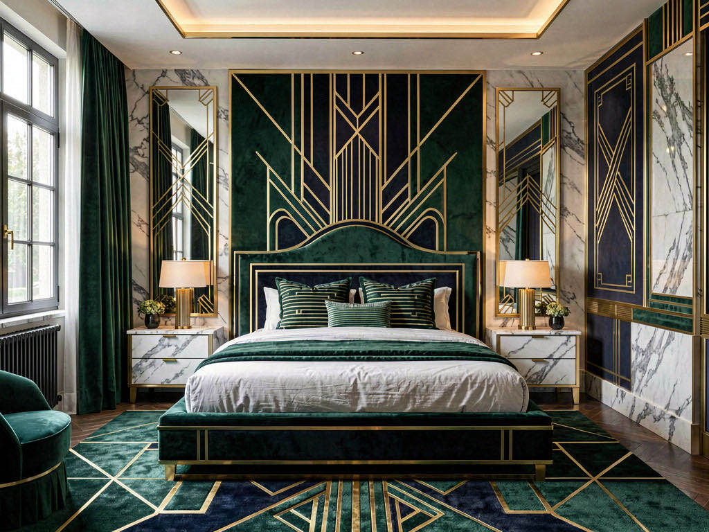 Art Deco Bedroom with vaulted ceiling