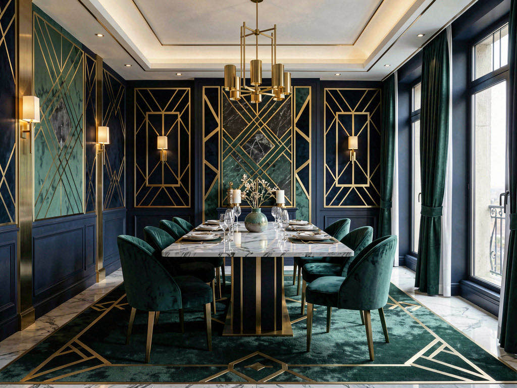 Art Deco Dining Room with banquette along the window