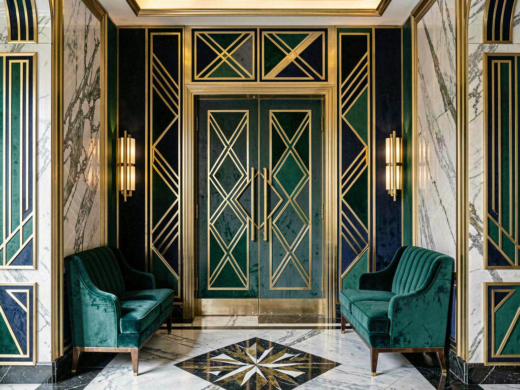 Art Deco Entryway with floor-to-ceiling windows