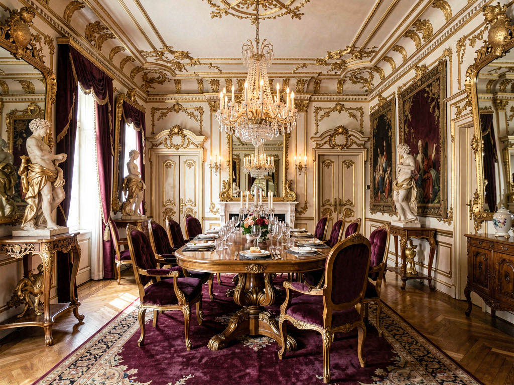 Baroque Dining Room with wall of framed prints