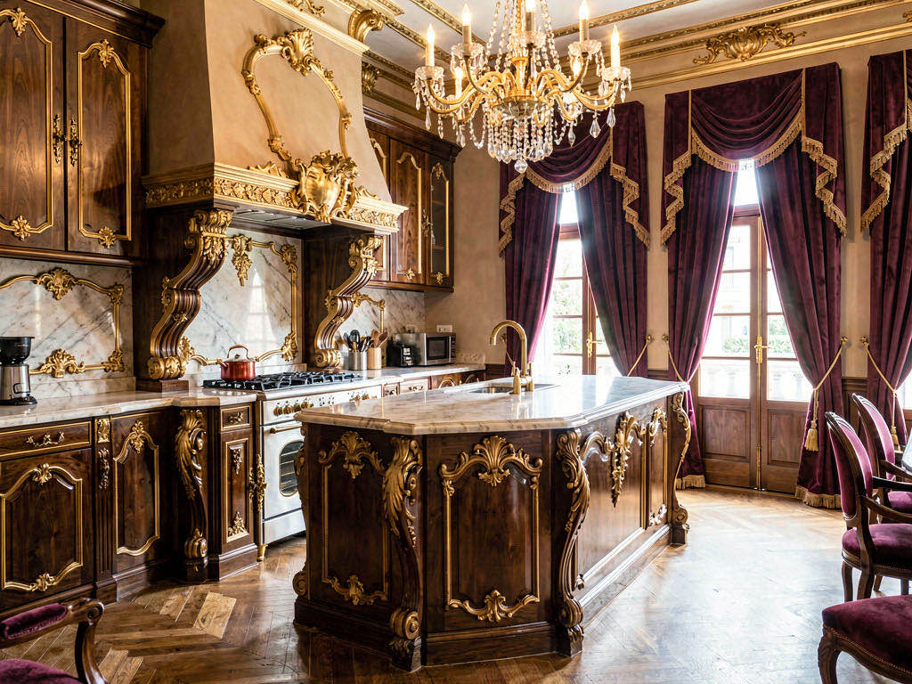 Baroque Kitchen with waterfall island