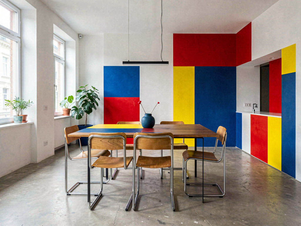 Bauhaus Dining Room with plaster arch to the kitchen