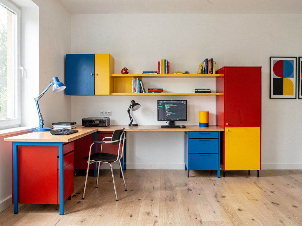 Bauhaus Office with wall of built-in shelving