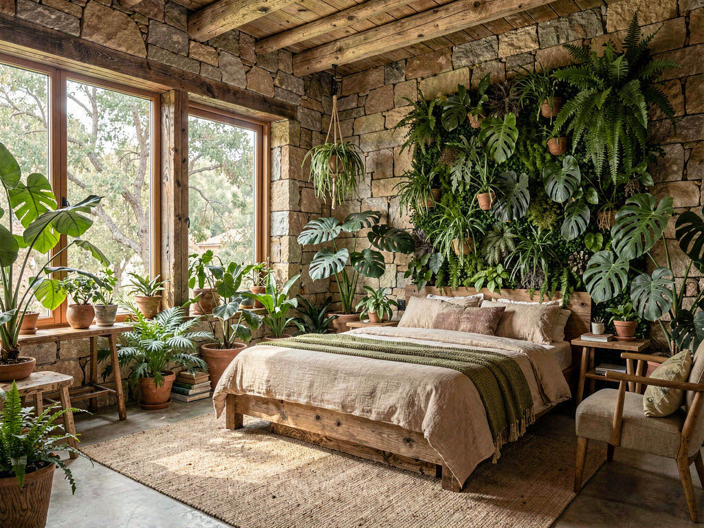 Biophilic Bedroom with layered linen bedding