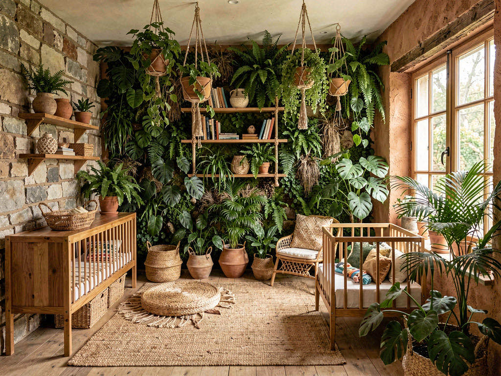 Biophilic Nursery with full-height stone fireplace