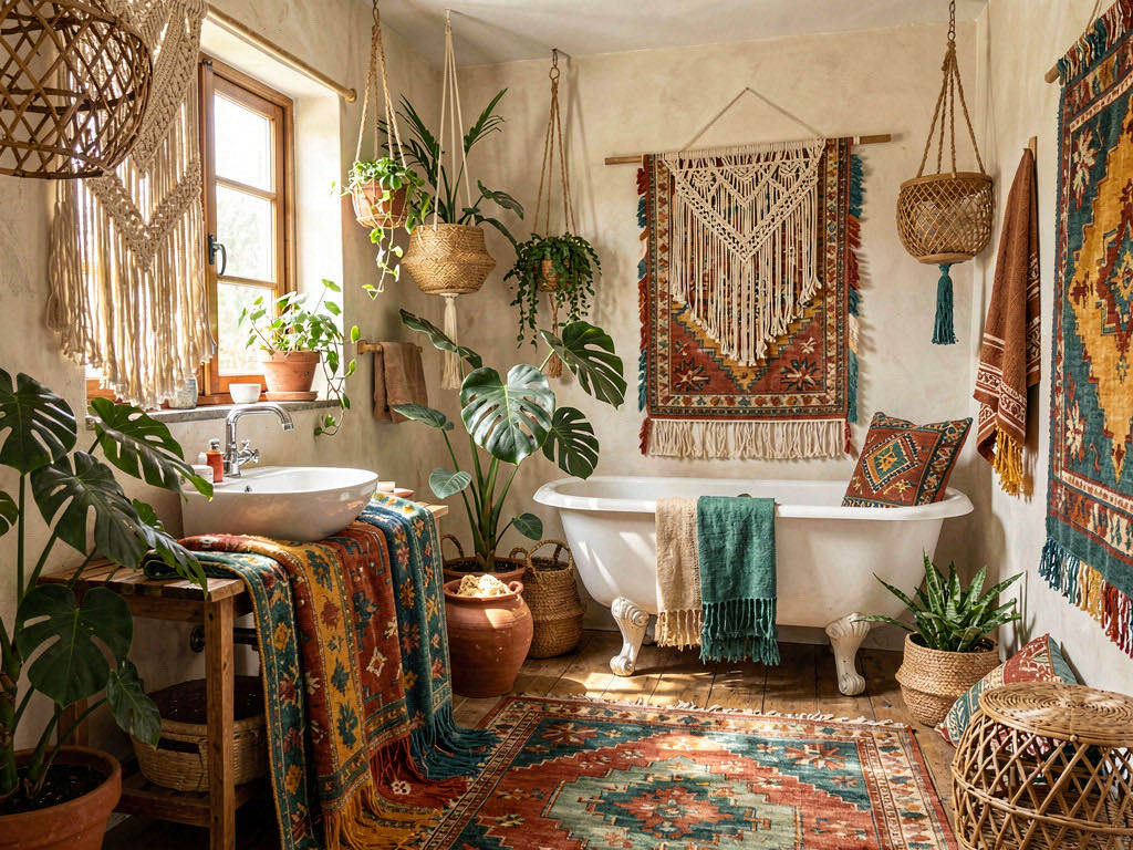 Boho Bathroom with wet room with a walk-in shower