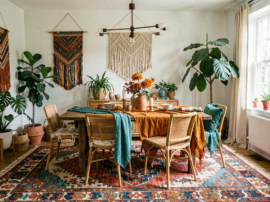 Boho Dining Room with sculptural pendant