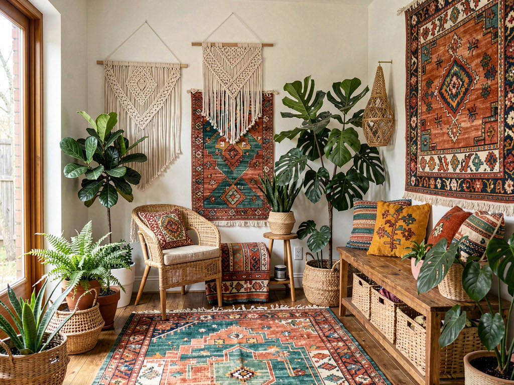 Boho Entryway with full-height stone fireplace