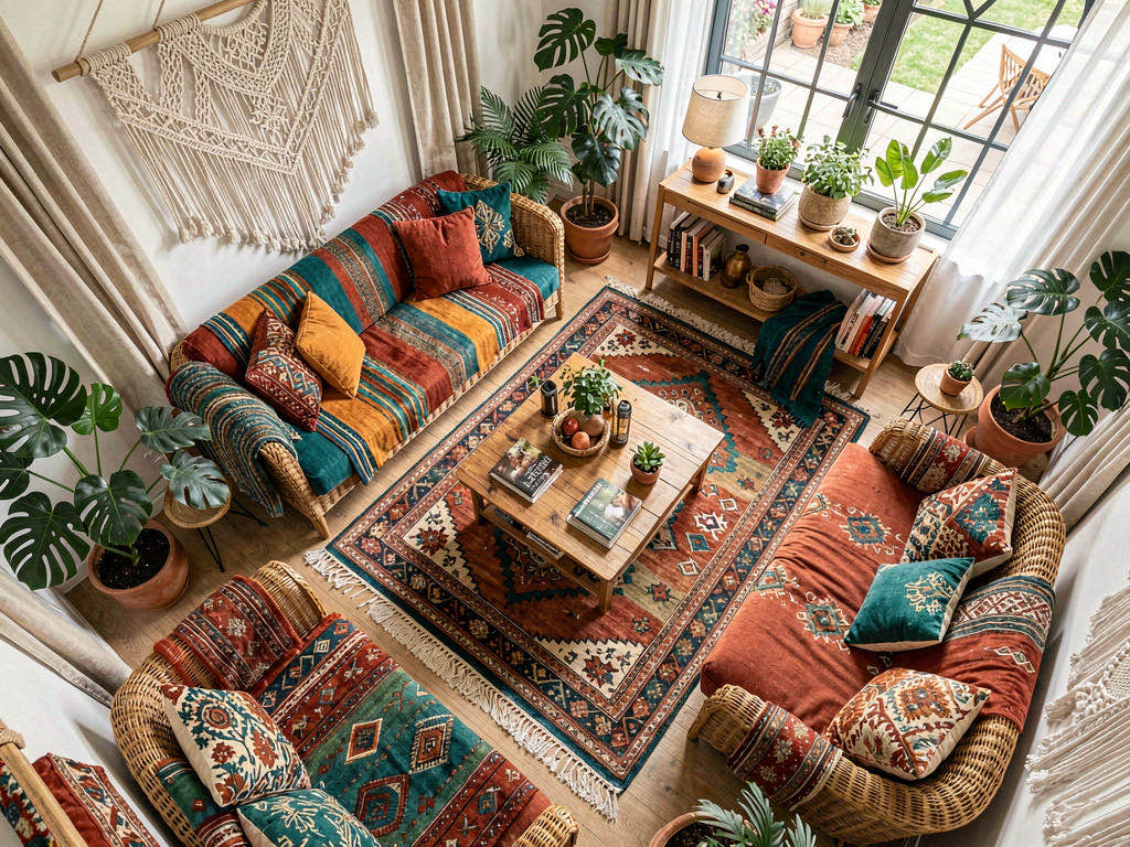 Boho living room — overhead