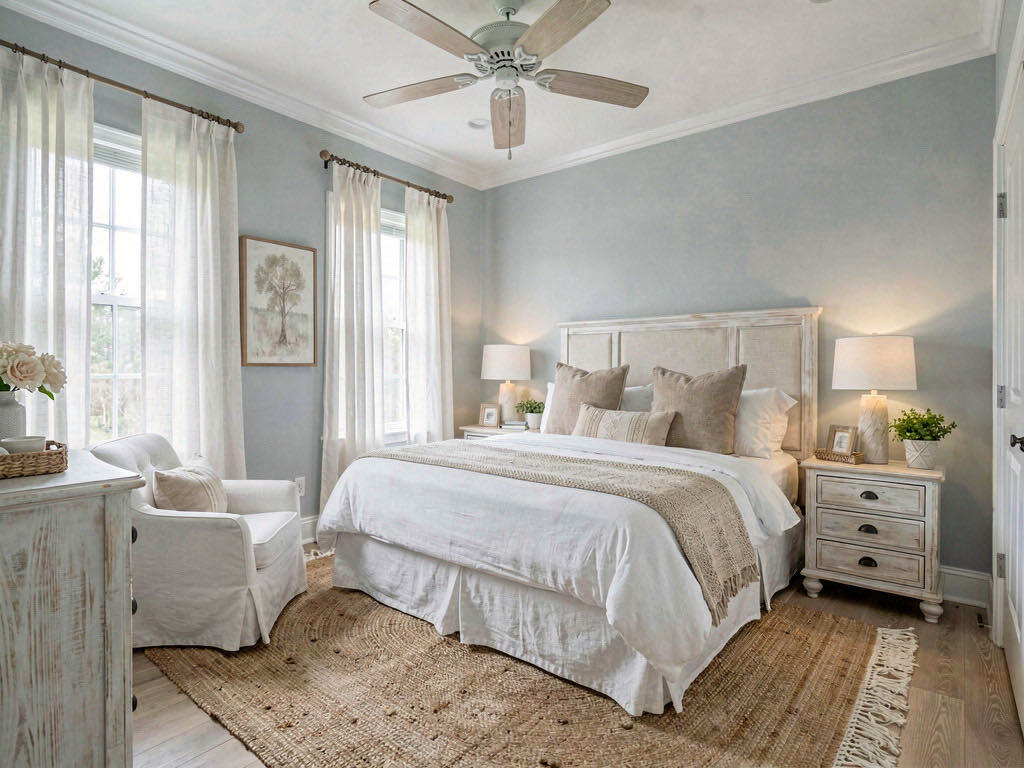 Coastal Bedroom with panelled headboard wall