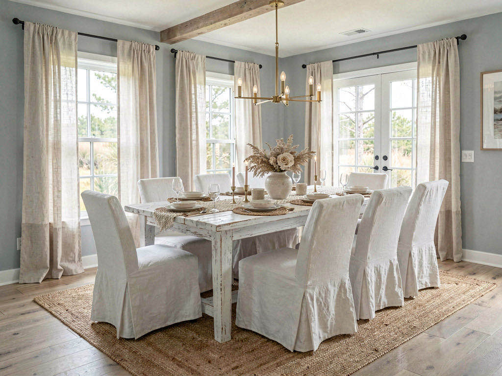 Coastal Dining Room with banquette along the window