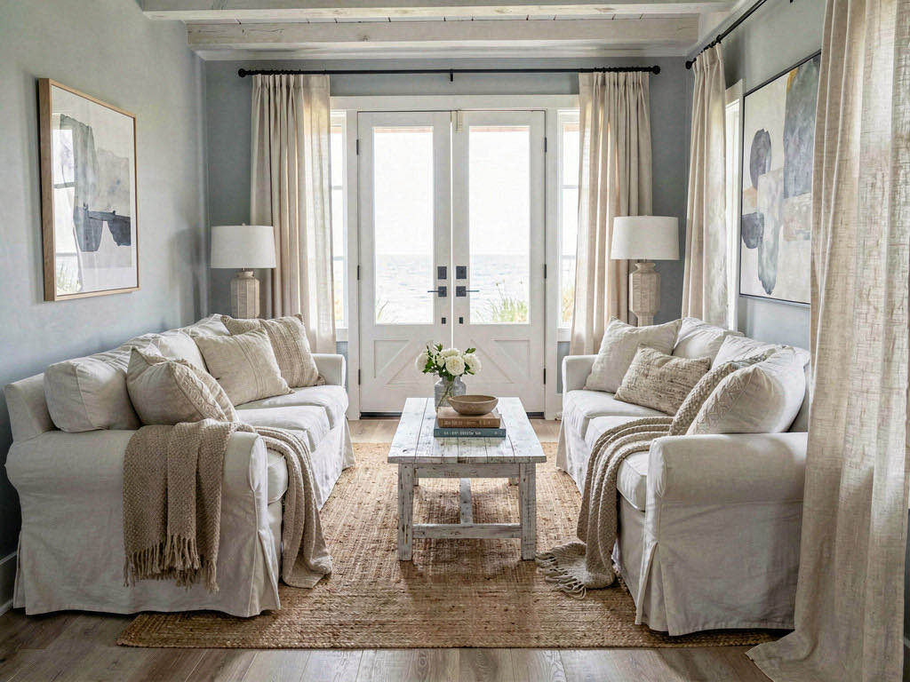 Coastal Entryway with low-slung sectional