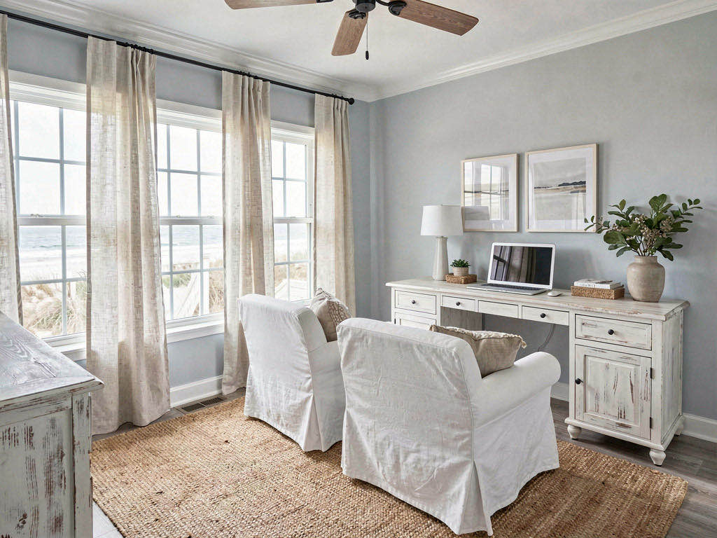 Coastal Office with picture-rail gallery wall
