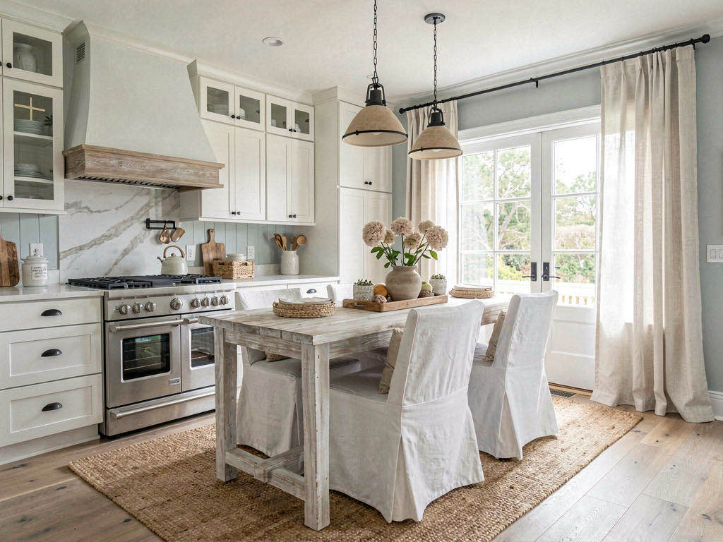 Coastal Kitchen with glass-front upper cabinets