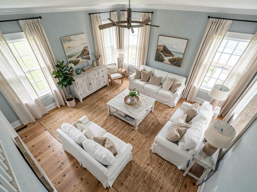 Coastal living room — overhead