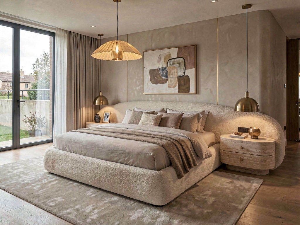 Contemporary Bedroom with layered linen bedding