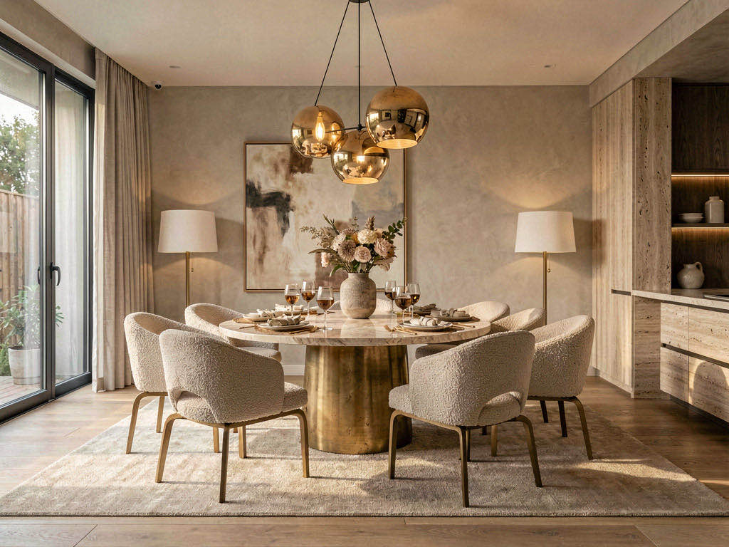 Contemporary Dining Room with wall of framed prints