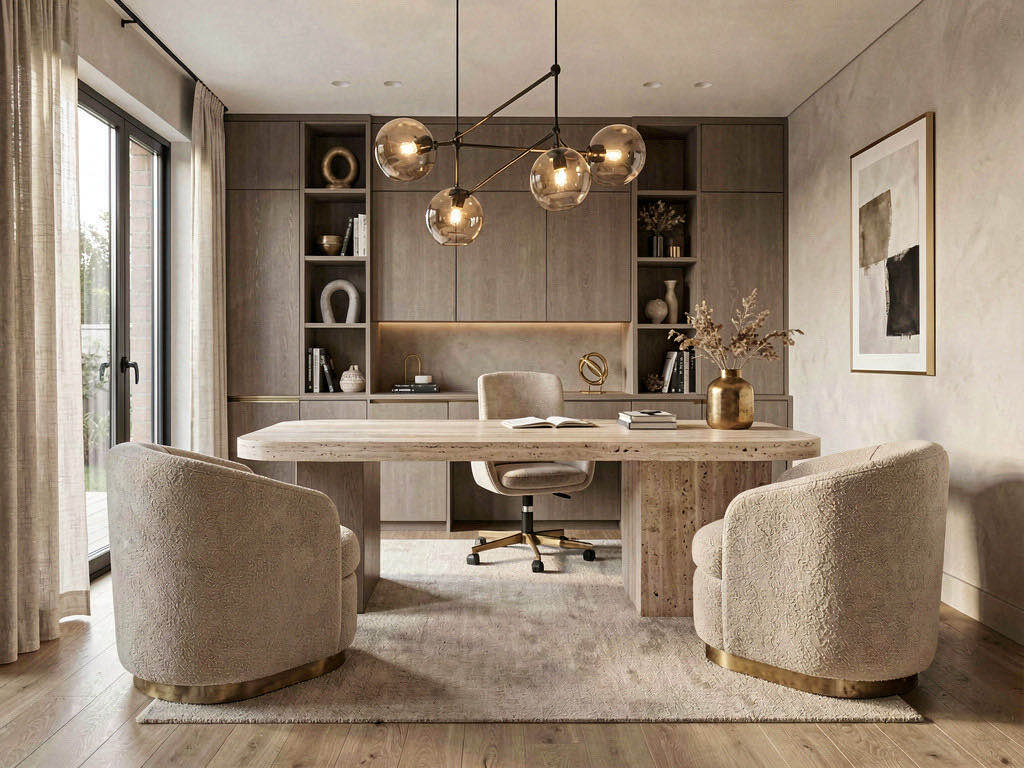 Contemporary Office with wall of built-in shelving