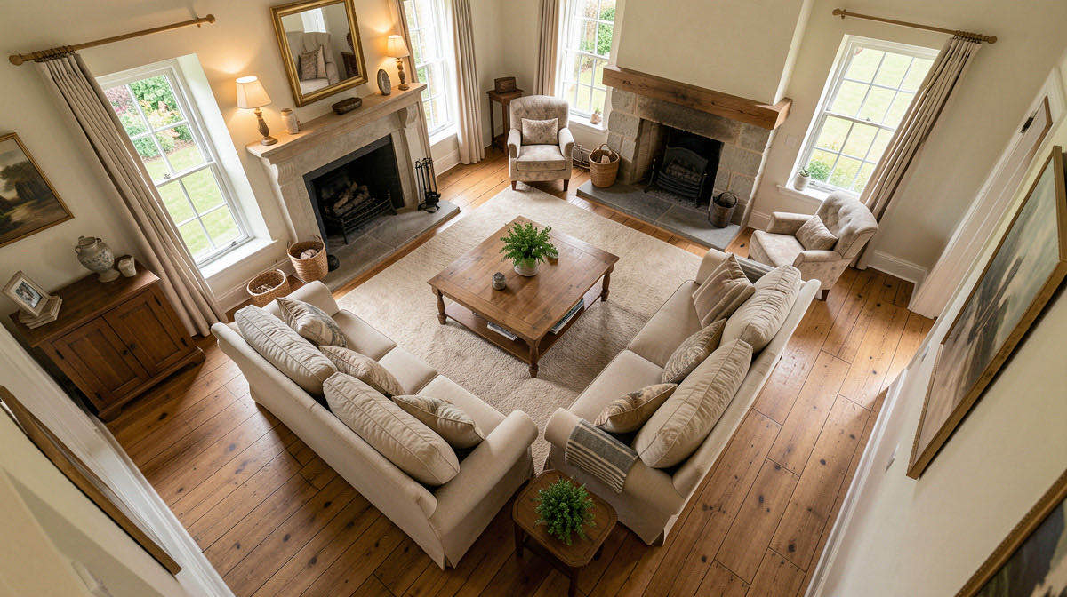 Country House living room — overhead