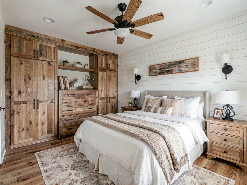 Farmhouse Bedroom with vaulted ceiling