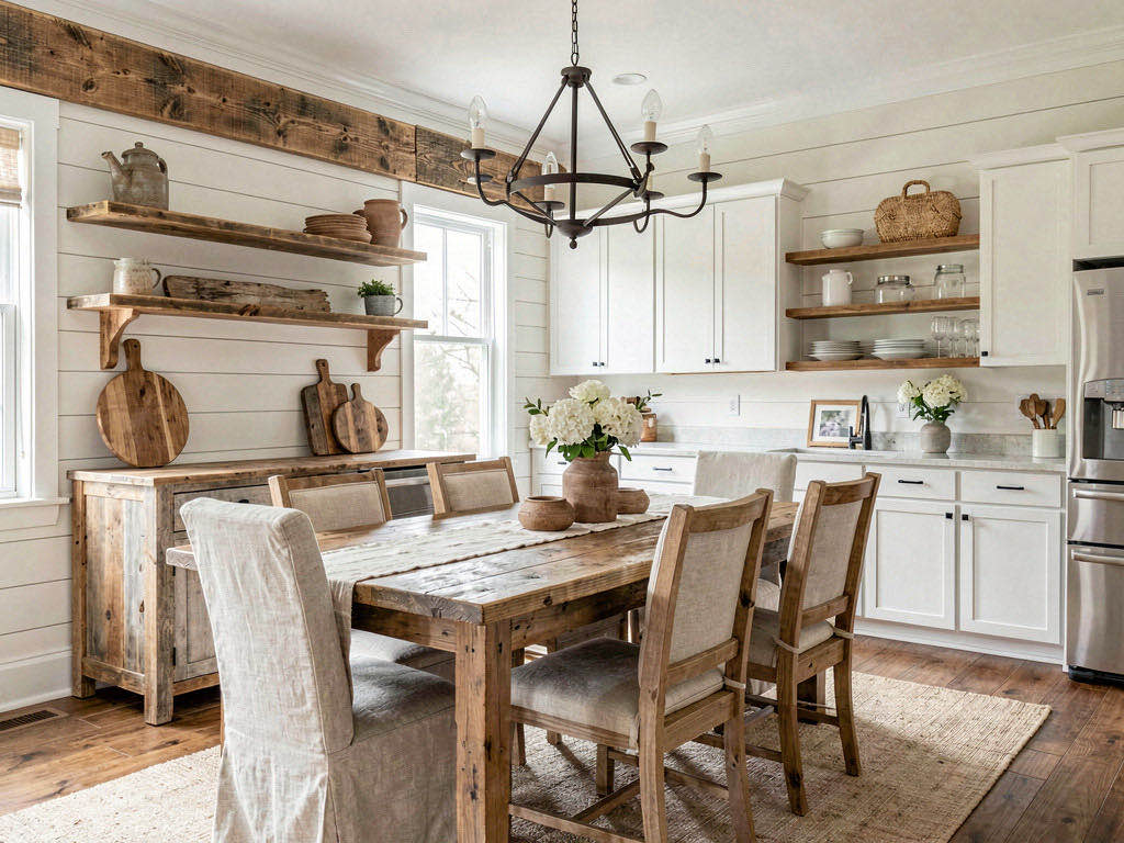 Farmhouse Dining Room with sculptural pendant