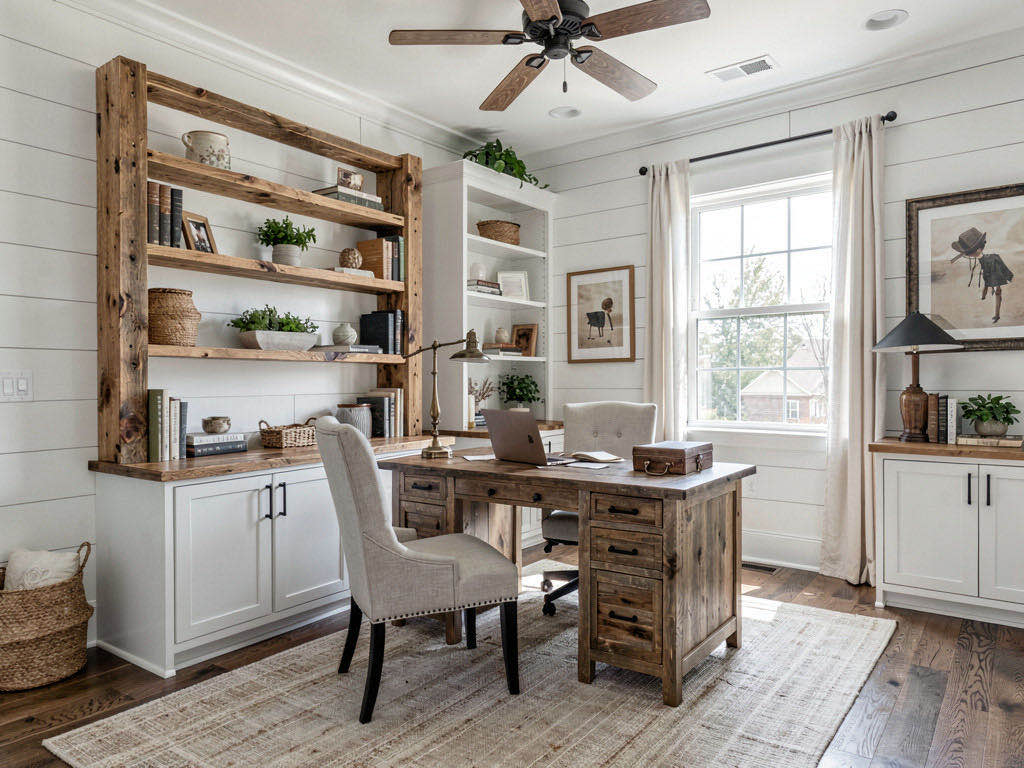 Farmhouse Office with picture-rail gallery wall