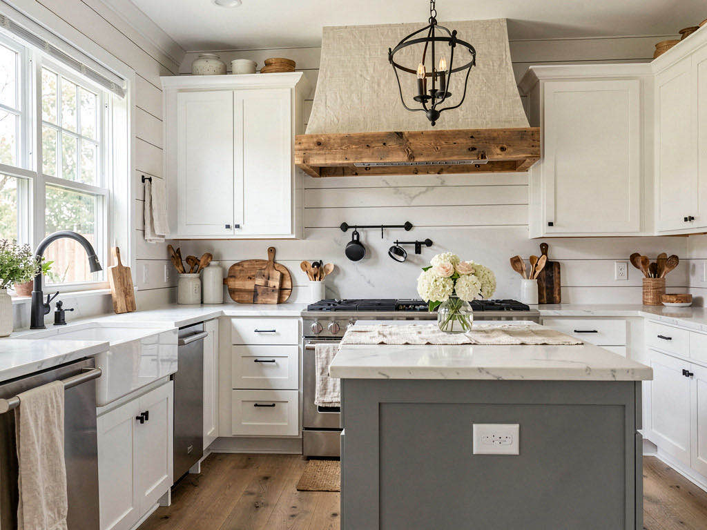 Farmhouse Kitchen with full-slab splashback