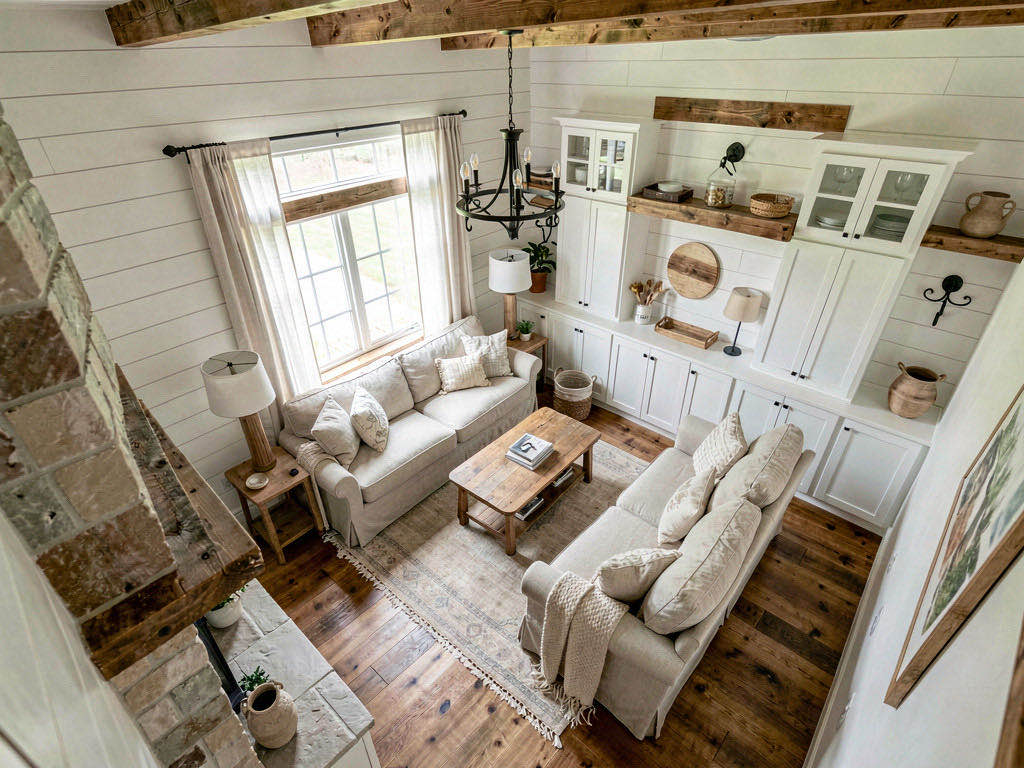 Farmhouse living room — overhead