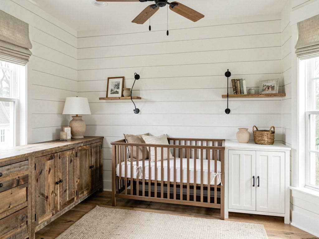 Farmhouse Nursery with full-height stone fireplace
