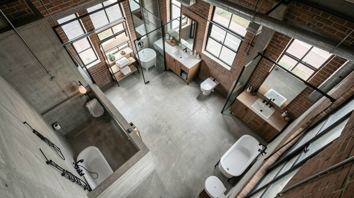 Industrial bathroom — overhead