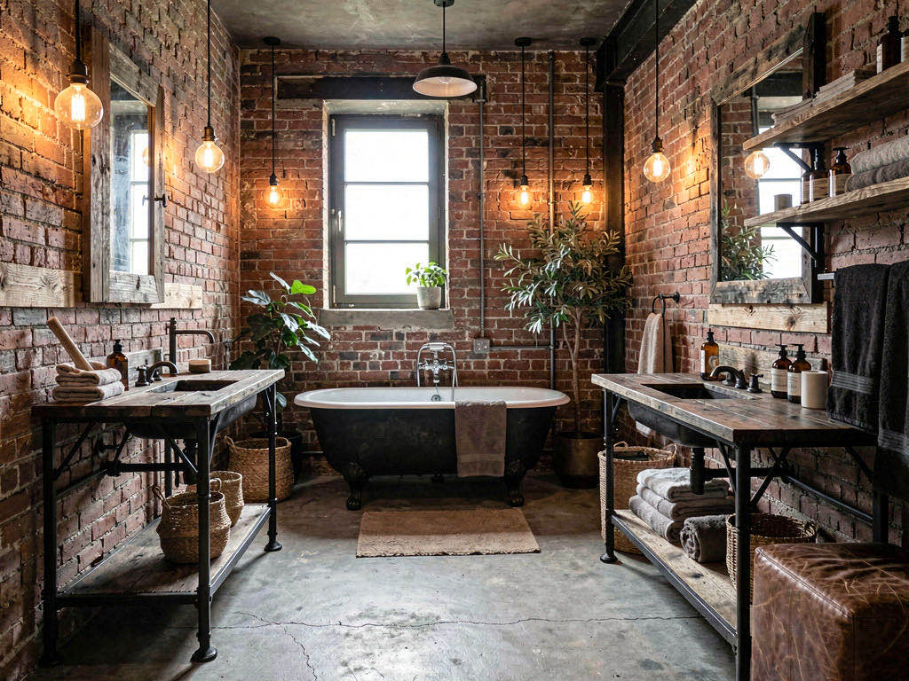 Industrial Bathroom with floating double vanity