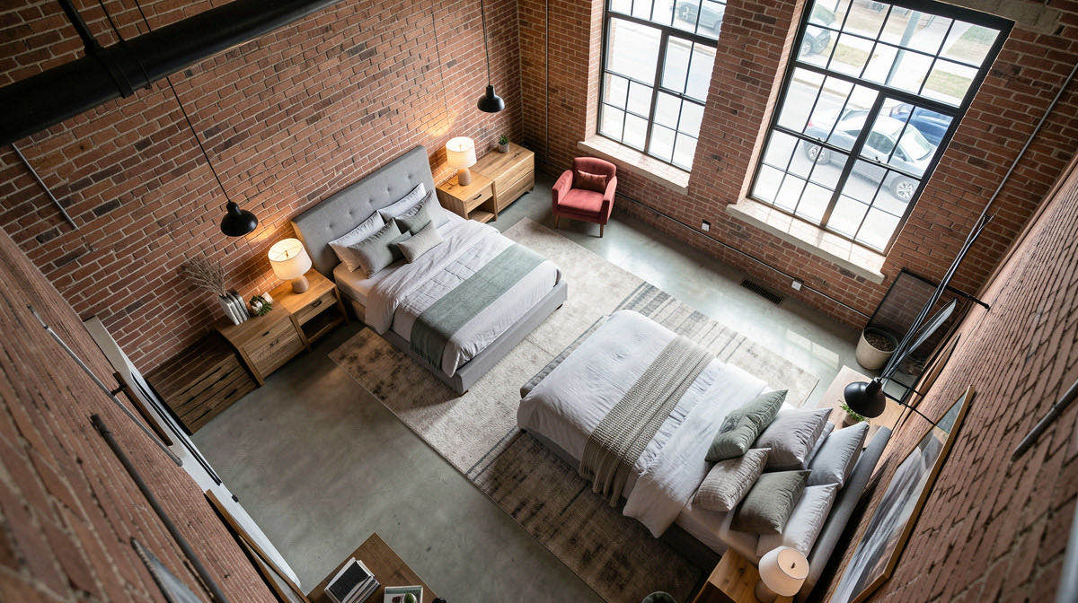 Industrial bedroom — overhead