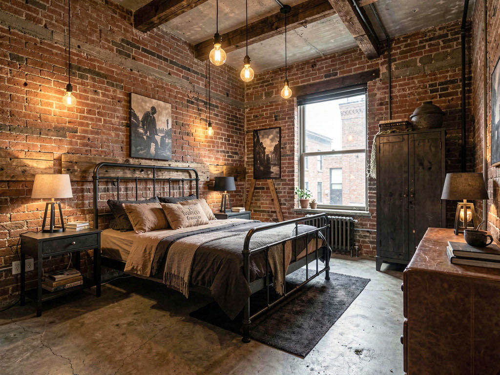 Industrial Bedroom with sheer floor-length curtains