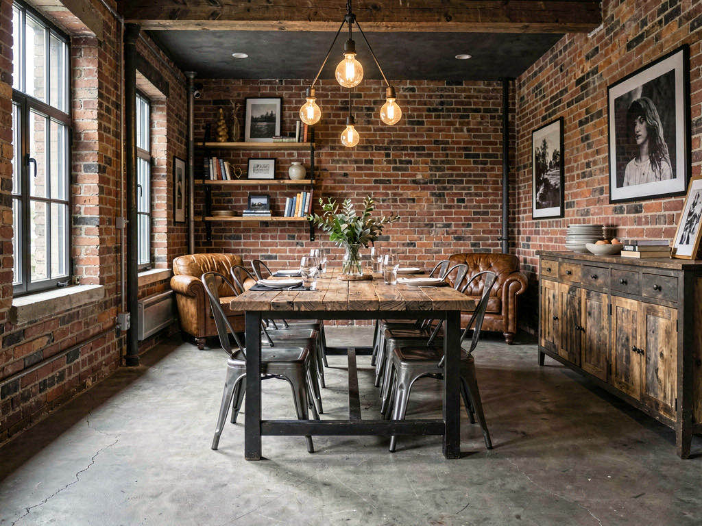Industrial Dining Room with banquette along the window