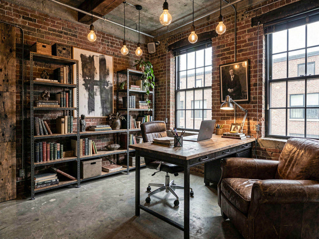 Industrial Office with wall of built-in shelving