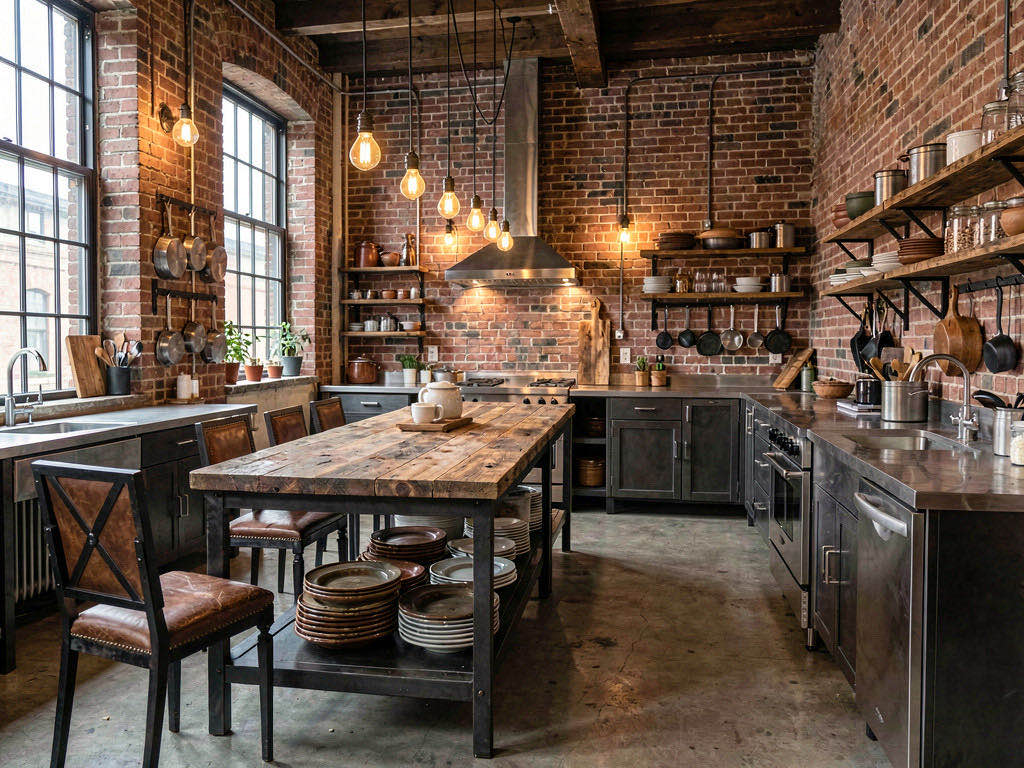 Industrial Kitchen with waterfall island