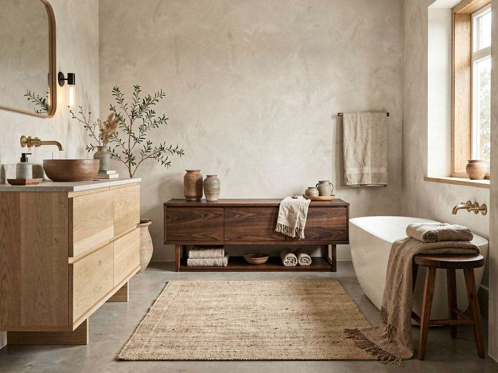 Japandi Bathroom with floor-to-ceiling tile