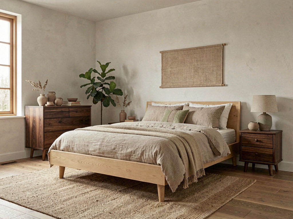 Japandi Bedroom with panelled headboard wall