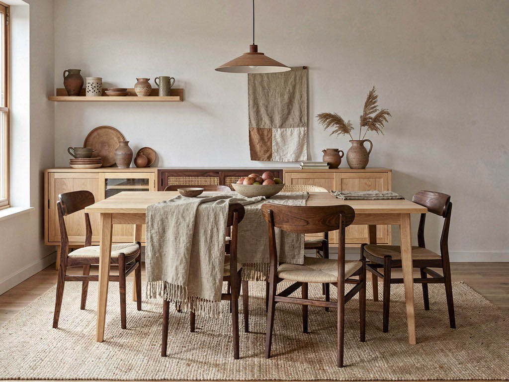 Japandi Dining Room with wall of framed prints