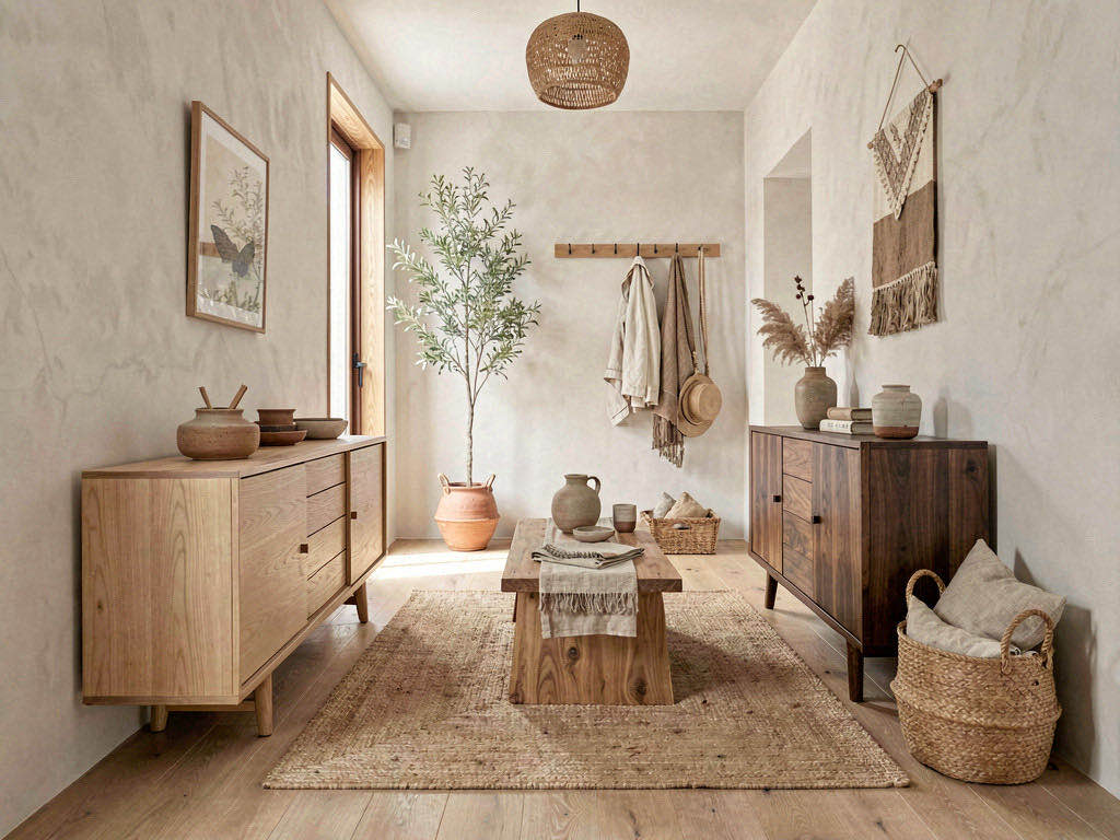 Japandi Entryway with full-height stone fireplace