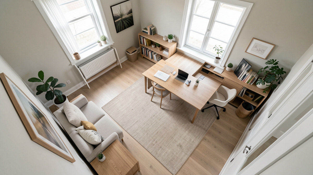 Japandi home office — overhead