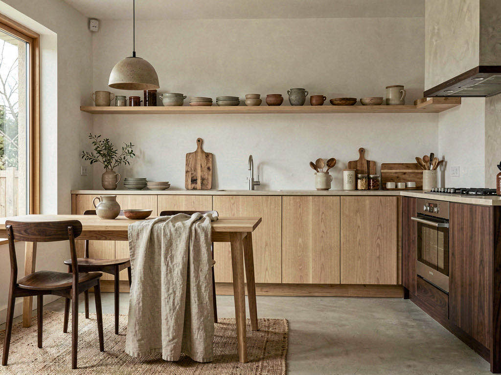 Japandi Kitchen with open shelving in solid oak