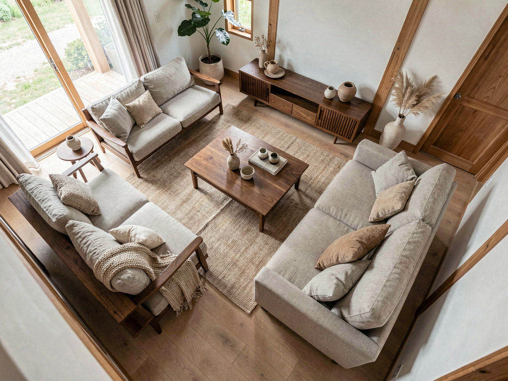 Japandi living room — overhead
