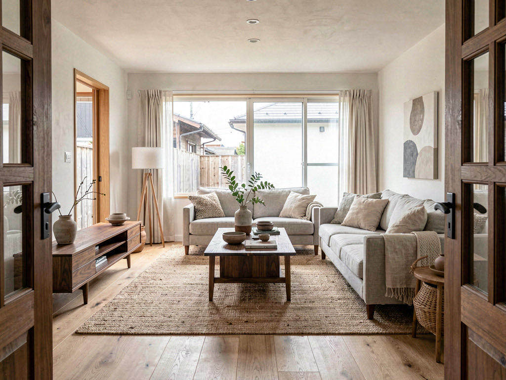 Japandi living room — wide