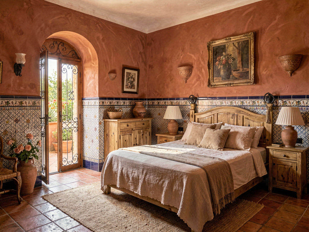 Mediterranean Bedroom with layered linen bedding