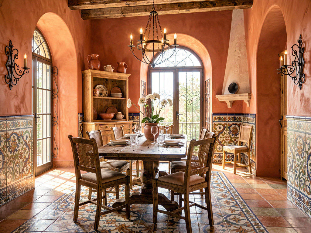 Mediterranean Dining Room with plaster arch to the kitchen