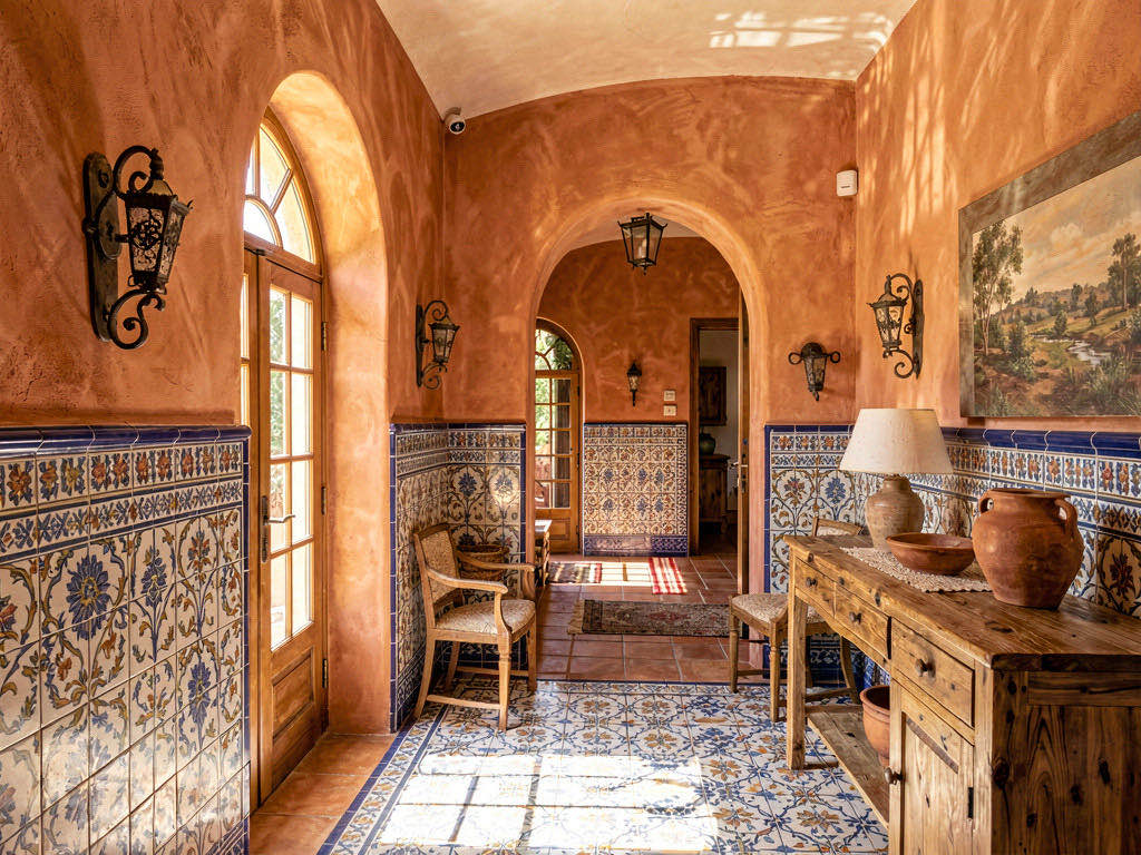 Mediterranean Entryway with low-slung sectional