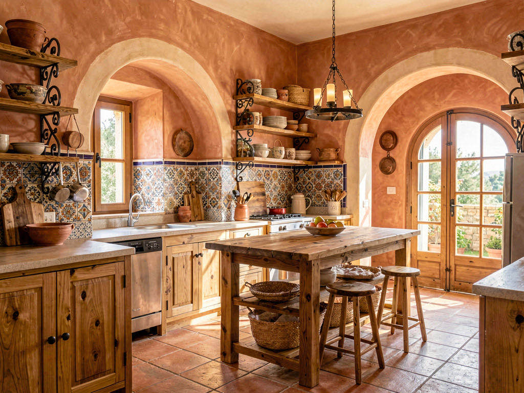 Mediterranean Kitchen with full-slab splashback