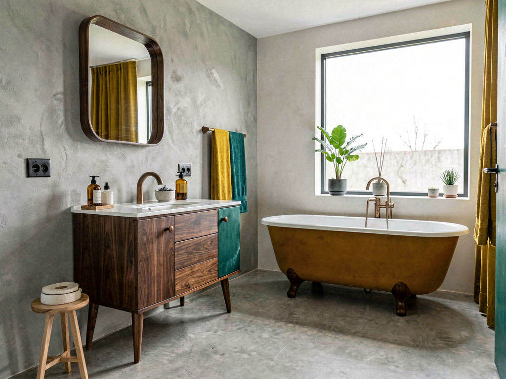 Mid-Century Bathroom with freestanding tub